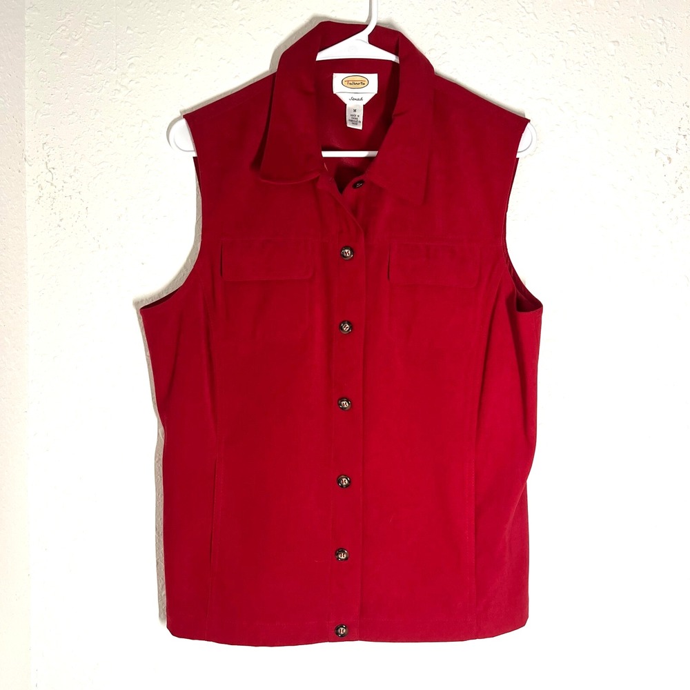 Talbots M Red Stretch Vest Sleeveless Shirt Micro Suede Button Up